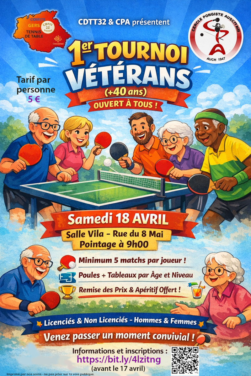 TOURNOI VÉTÉRANS AMICAL 📅 Samedi 18 avril Salle Vila – Complexe sportif Ernest Vila (Auch)