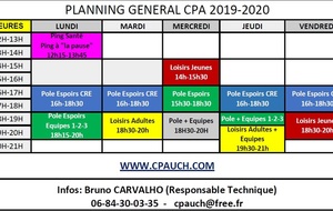 Créneaux  d’entraînements 2019-2020